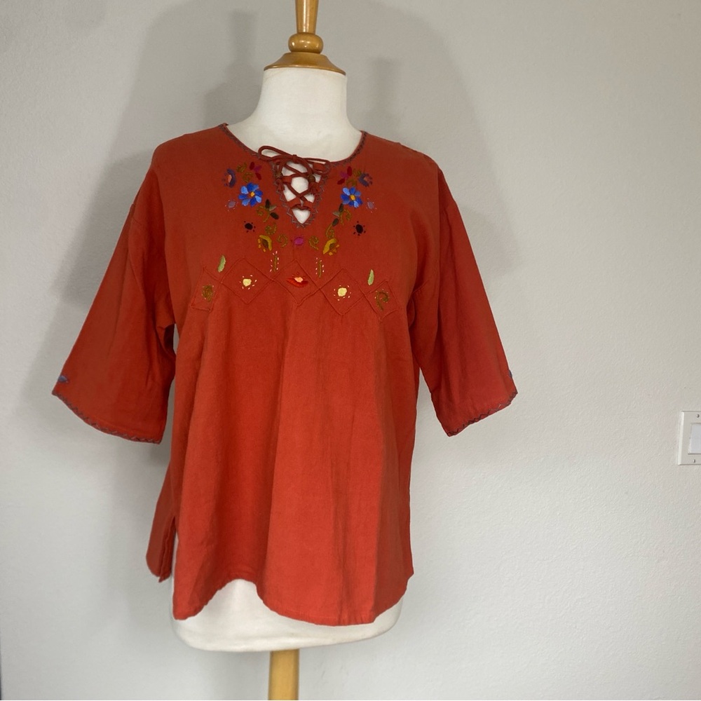 Women's Clay Floral Embroidered Blouse Size XL Boho Mexican Cottagecore Boho